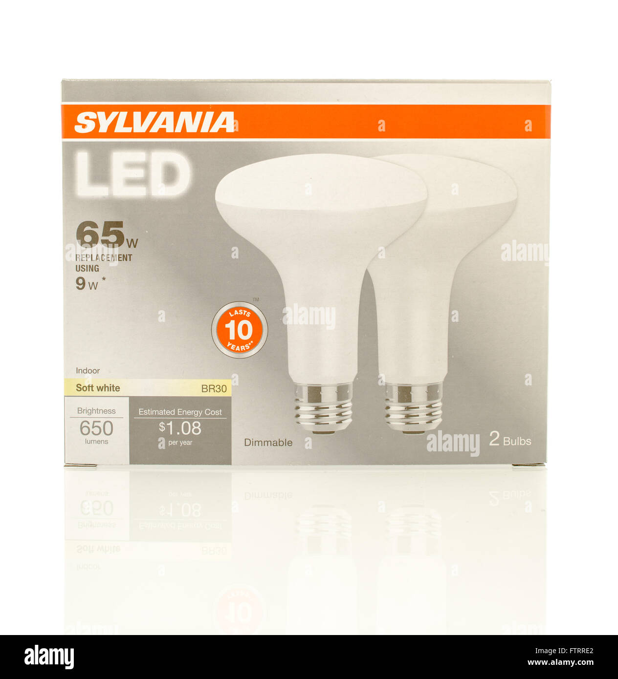 Winneconne, WI - 29 March 2016:  A box of 60w LED lightbulbs made by Sylvania Stock Photo