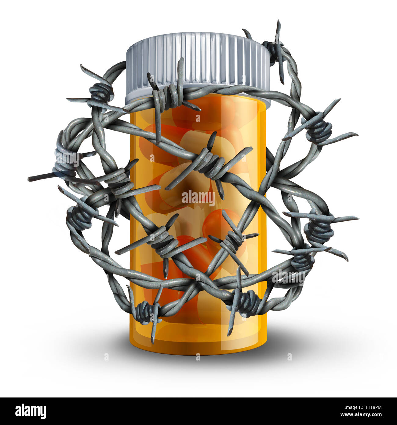 Prescription drug security and medication safety concept as a 3D bottle of pills wrapped with barbed or barb wire as a medical metaphor for pharmacy drugs risk and dosage danger. Stock Photo