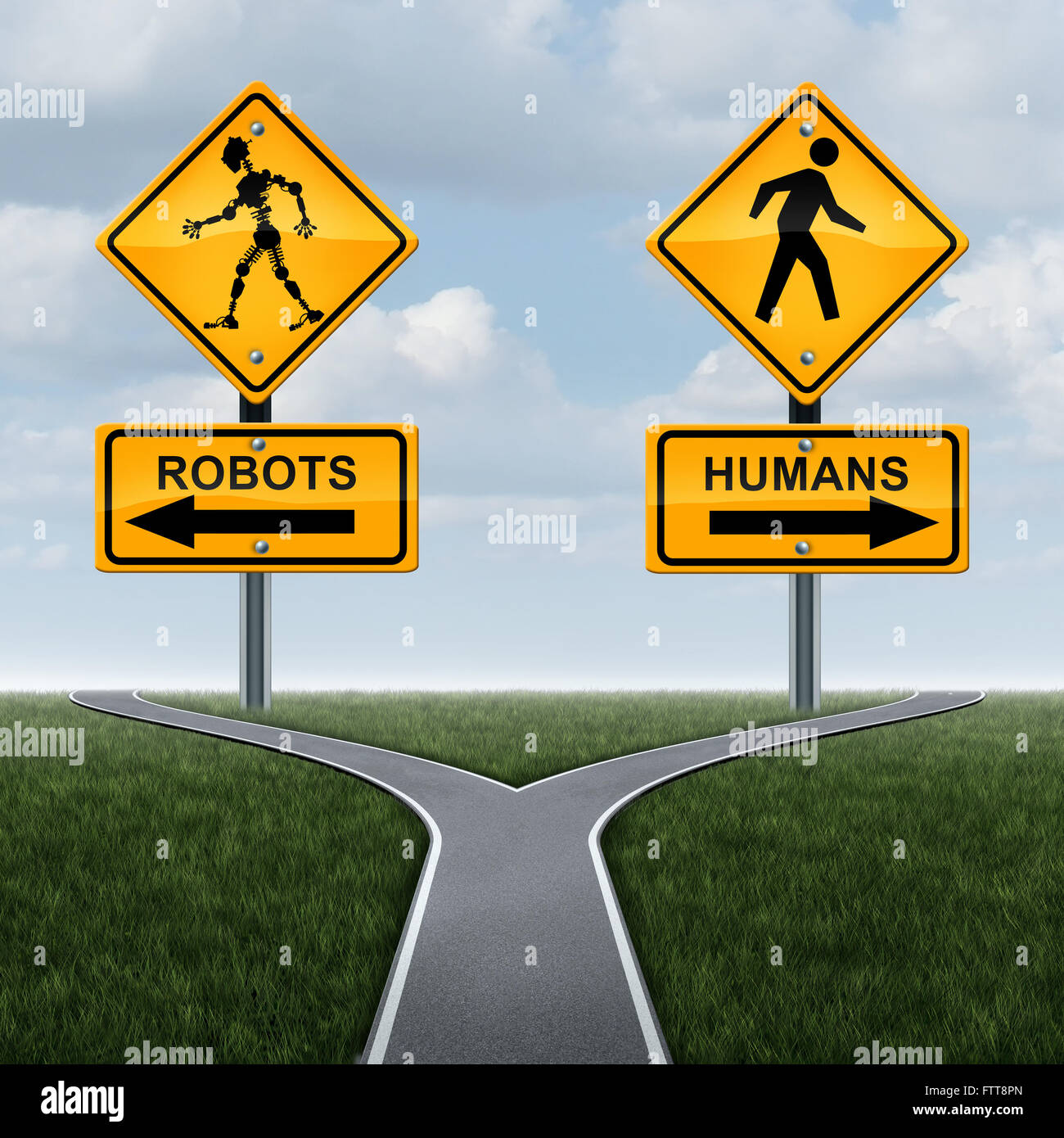 Robots and society concept or dilemma with robotic technology effects on social lifestyle as a 3D traffic sign with a futuristic humanoid cyborg icon as a symbol of artificial intelligence or self driving car engineering. Stock Photo