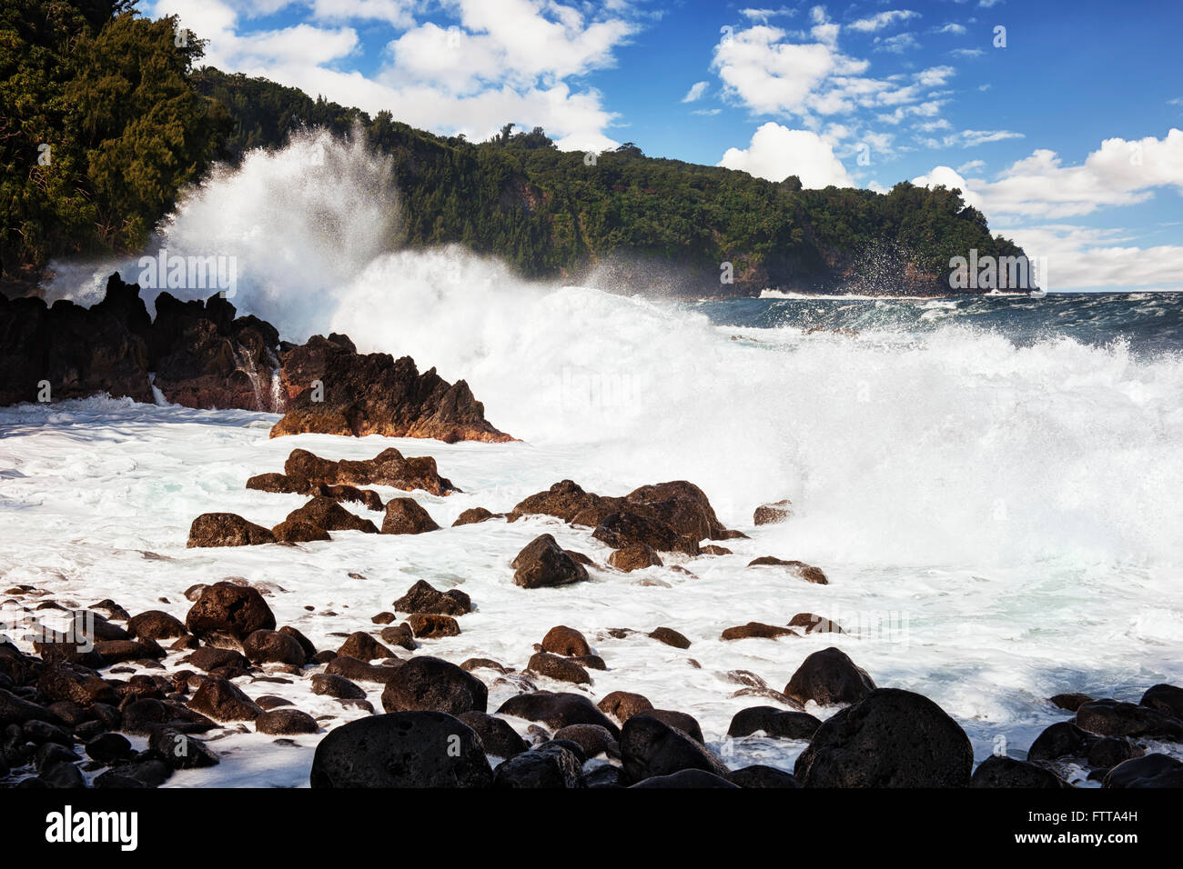 Giant waves and heavy surf pound the lava shoreline at Laupahoehoe Point on the Big Island of Hawaii. Stock Photo
