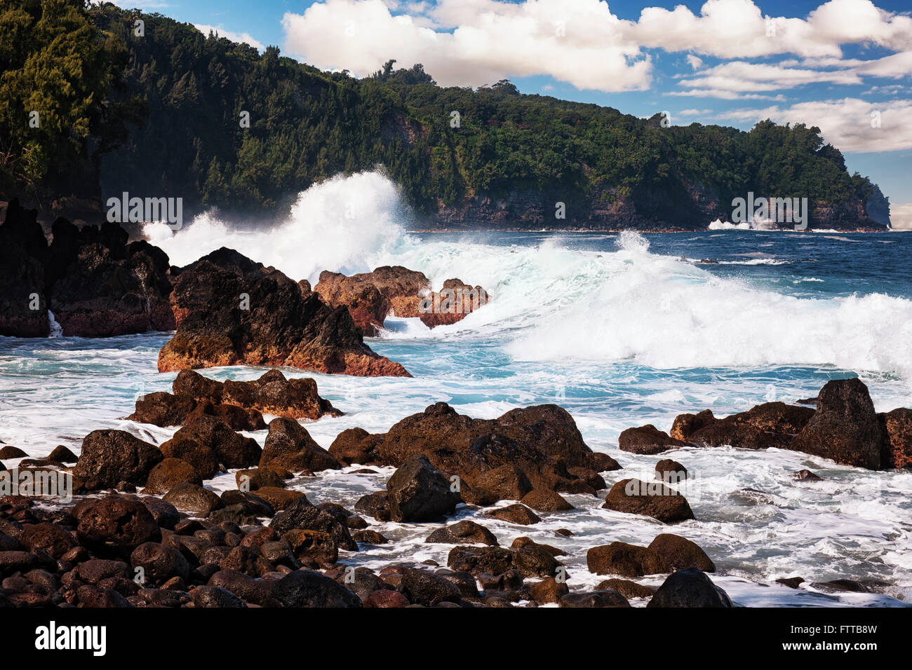 Large swells and heavy surf pound the lava shoreline at Laupahoehoe Point on the Big Island of Hawaii. Stock Photo