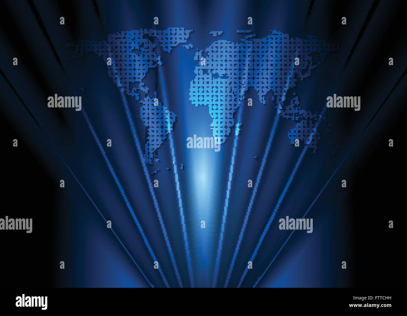 Dark blue tech design with world map and beams. Vector background Stock ...