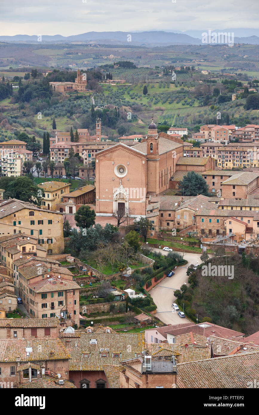 Basilica of San Francesco, a basilica church in Siena, Italy. View from the Campanile del Mangia. Stock Photo