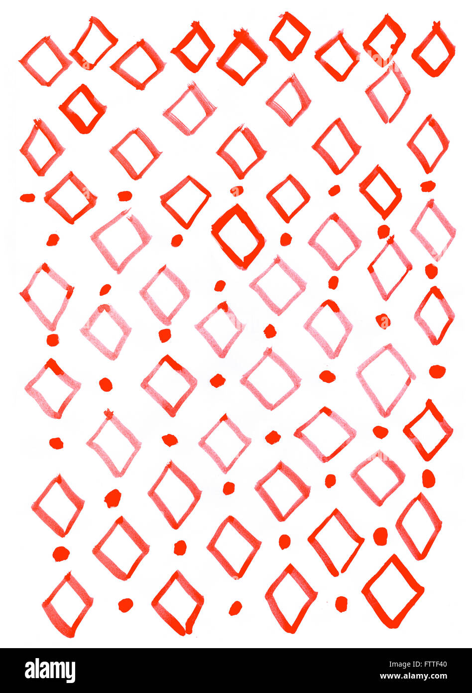 Fresh watercolor geometric pattern with red rhombus on white background. Stock Photo