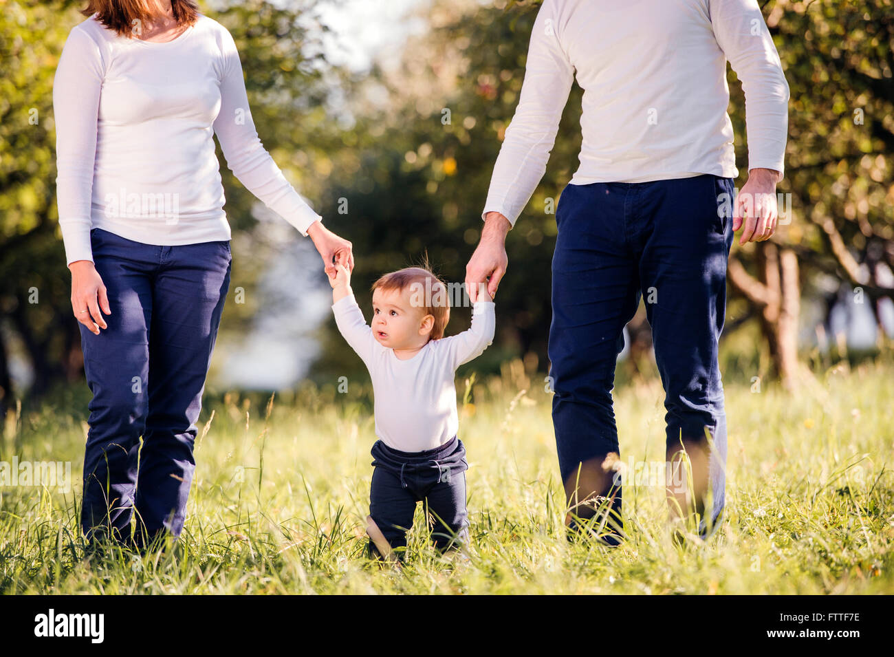 Parents Holding Hands Of Their Son Making First Steps Stock Photo Alamy