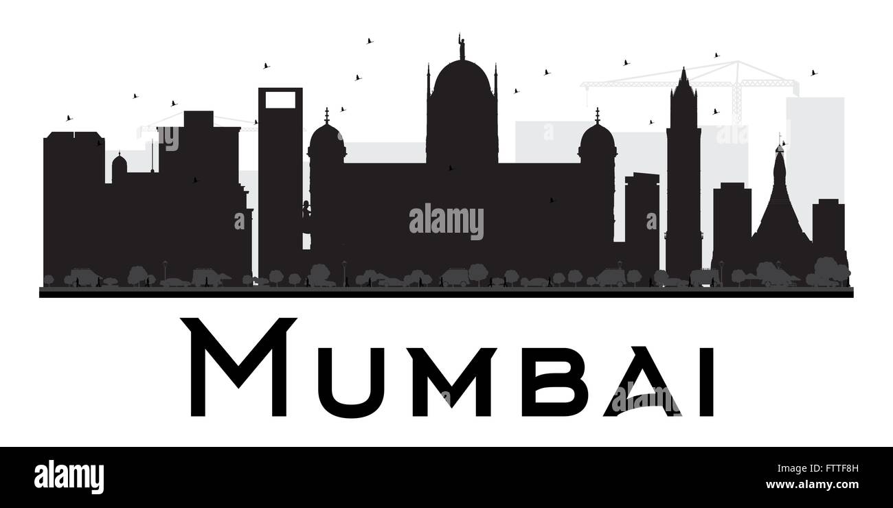 Mumbai City skyline black and white silhouette. Vector illustration. Simple flat concept for tourism presentation, banner Stock Vector