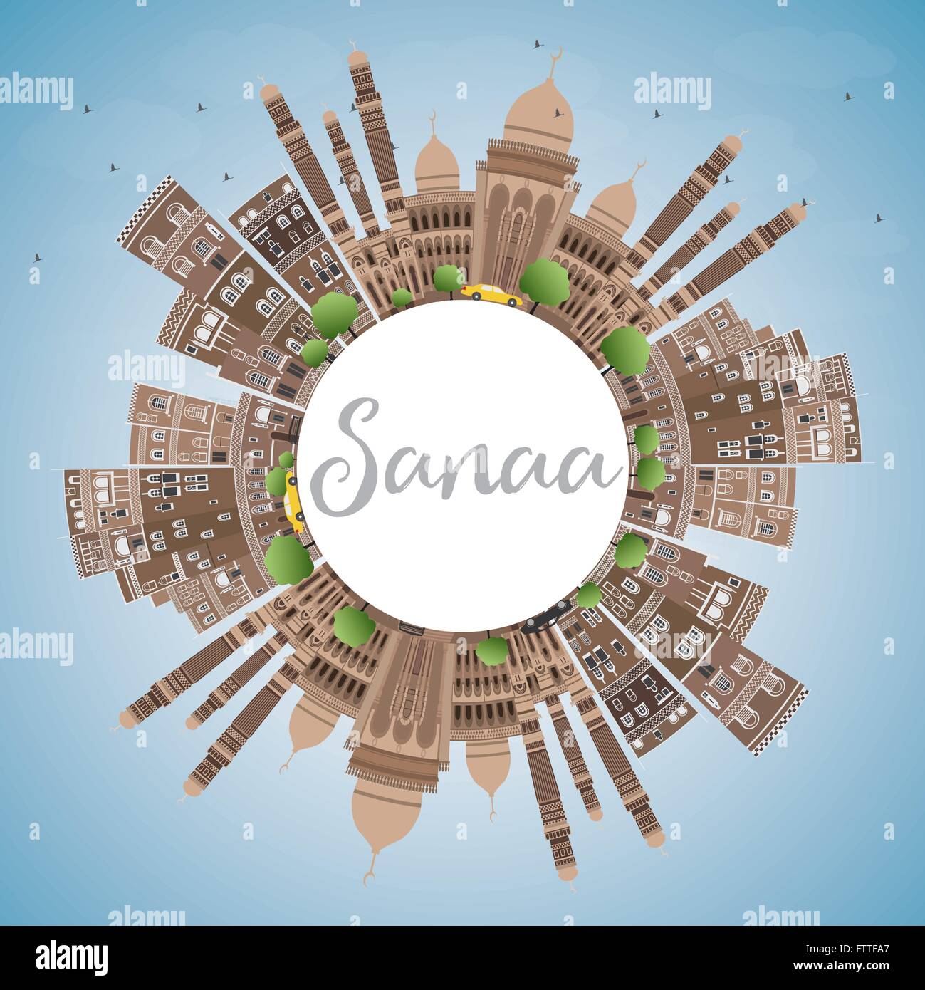 Sanaa (Yemen) Skyline with Brown Buildings and Copy Space. Vector Illustration. Business Travel and Tourism Concept Stock Vector