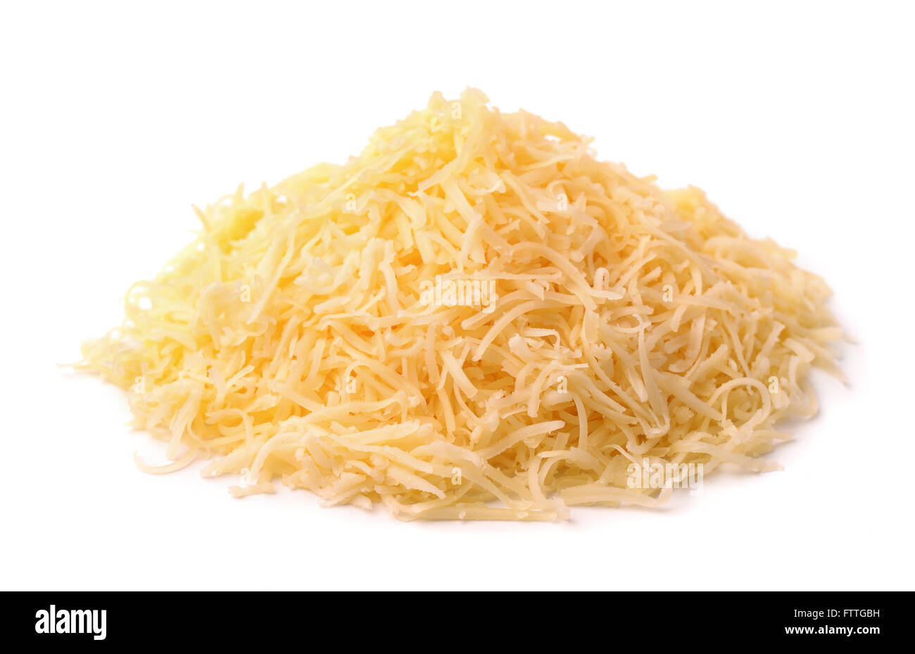 Heap of grated cheese isolated on white Stock Photo