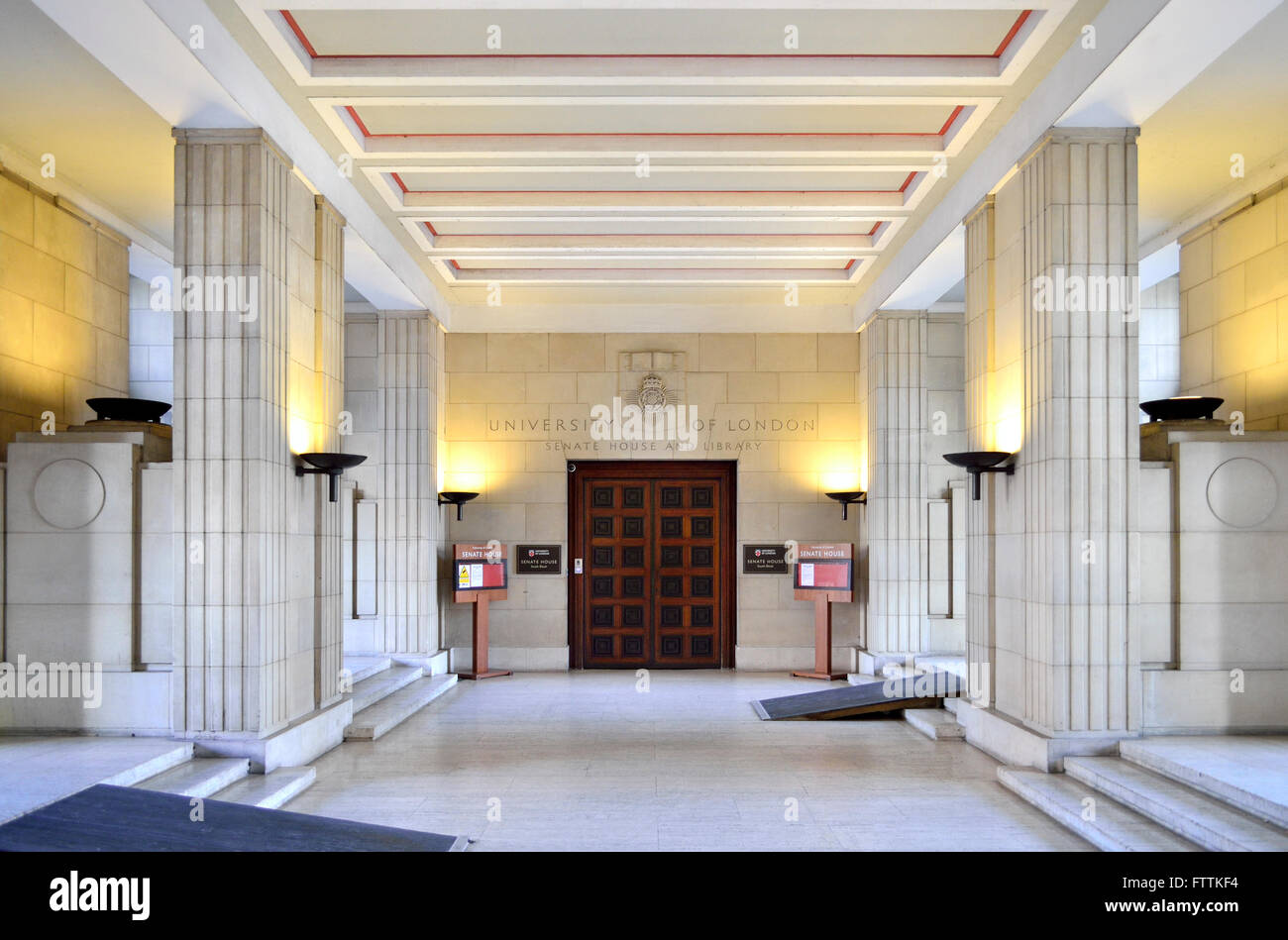 London, England, UK. Senate House and Library, University of London, Bloomsbury. Ground floor entrance Stock Photo
