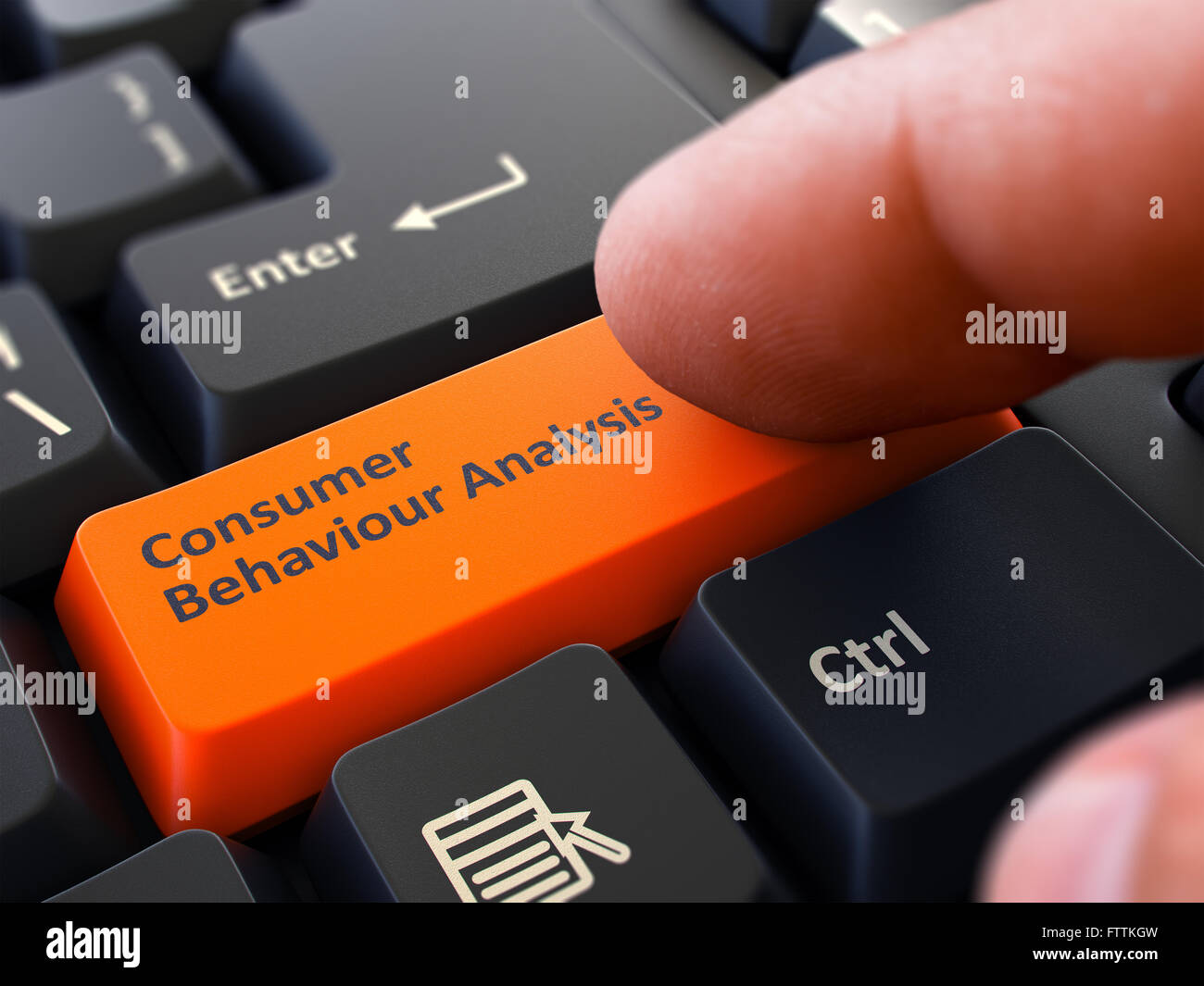 Consumer Behaviour Analysis - Concept on Orange Keyboard Button. Stock Photo