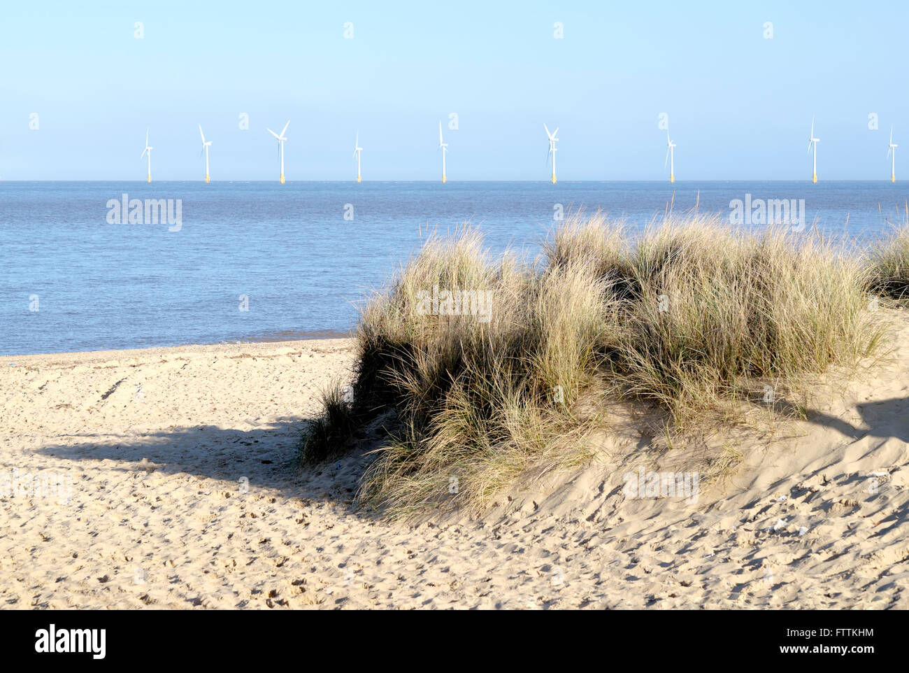 Scroby Sands offshore windfarm from the beach at Caister-on-Sea, Great Yarmouth, Norfolk, England Stock Photo