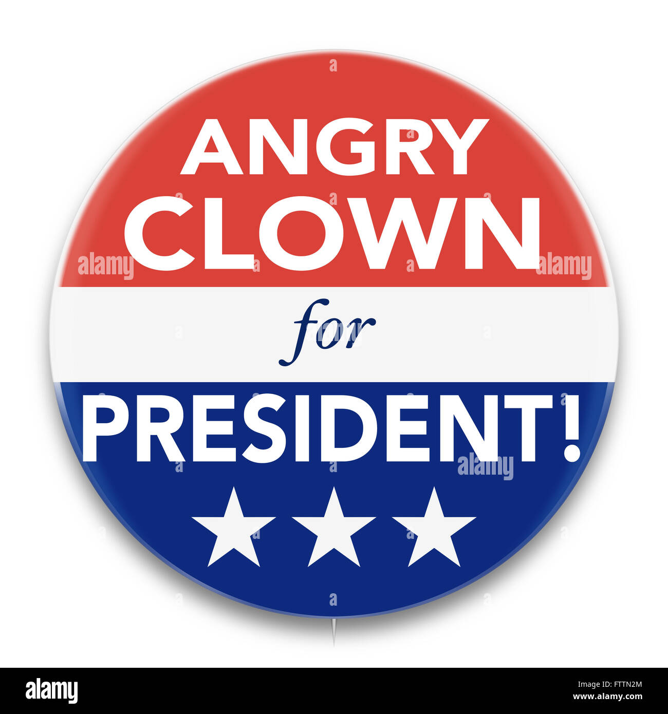 Illustration of a political pin, in red, white, and blue, promoting an angry clown to be President of the USA. Stock Photo