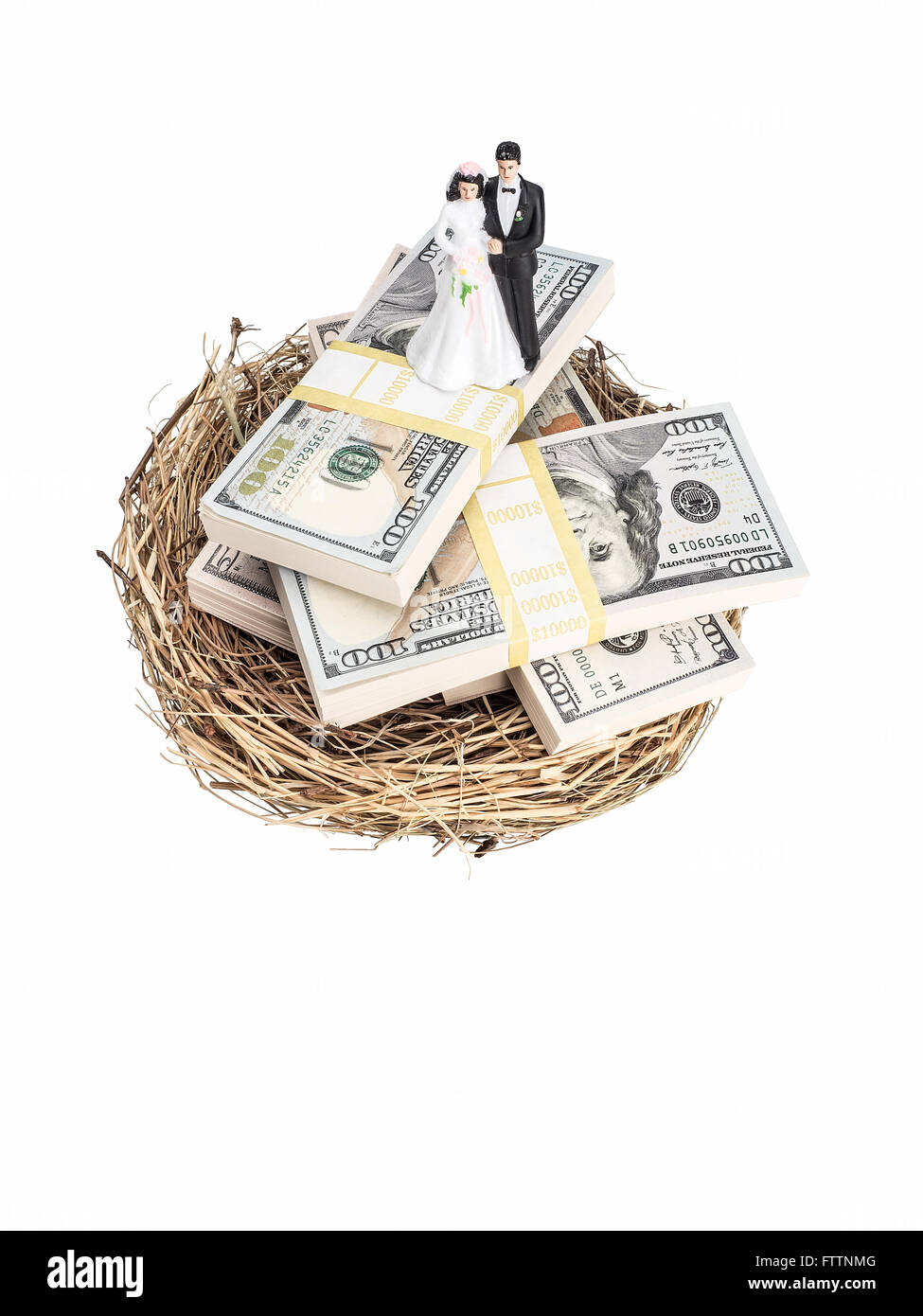 Photograph of bride and groom figurines standing on top of stacks of U.S. paper currency within a bird's nest, suggesting the id Stock Photo