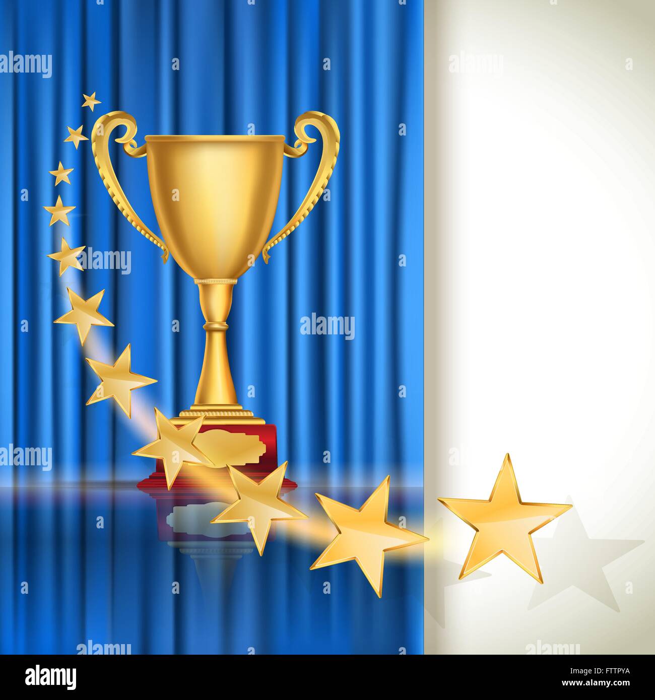 Golden sports cup on blue curtain background with flying stars. vector illustration Stock Vector