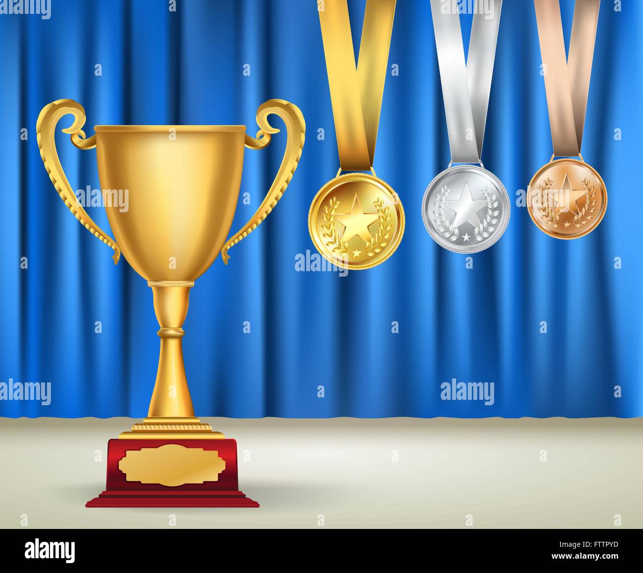 Golden trophy cup and set of medals with ribbons on blue curtain background. Sports competition