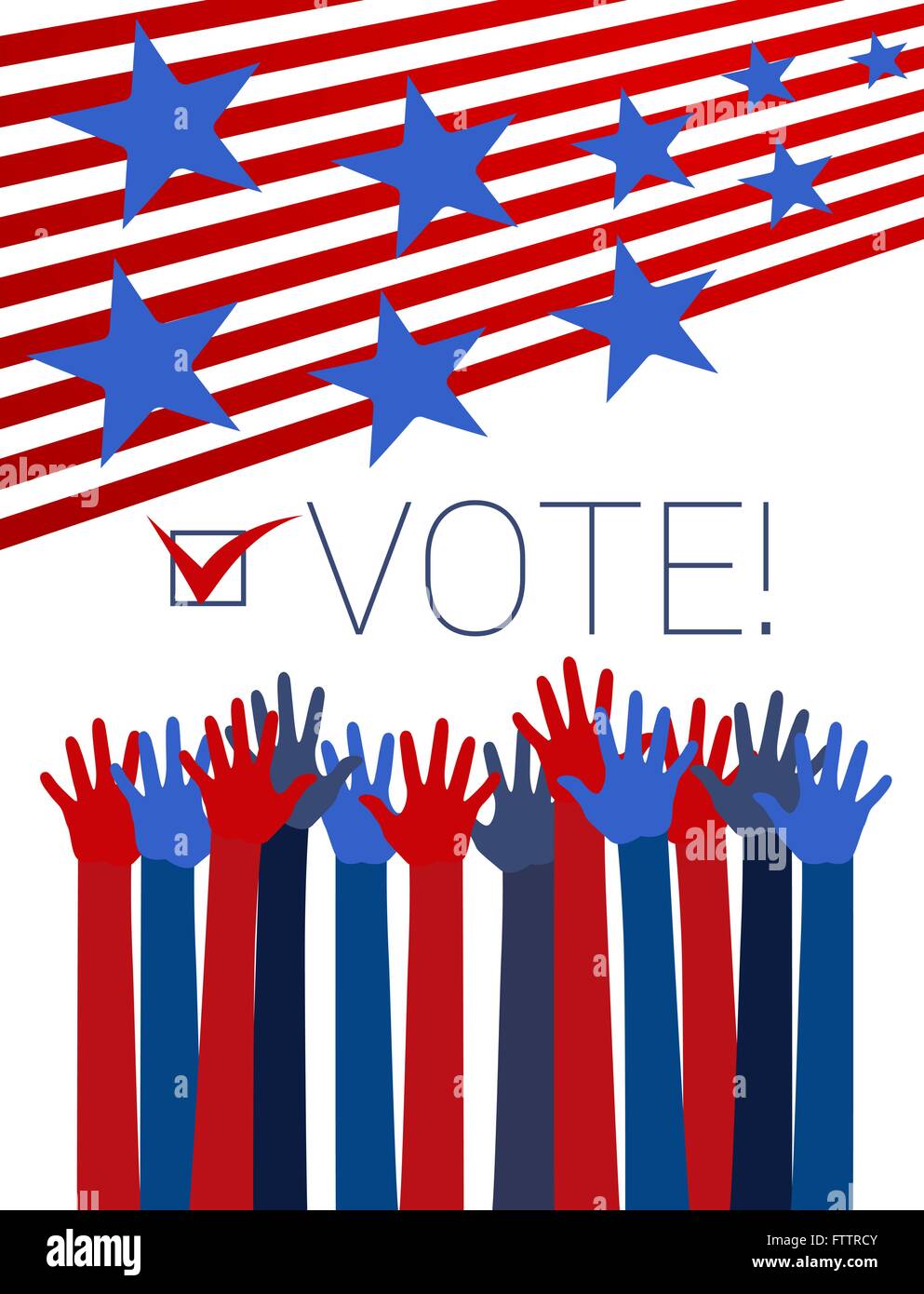 Vote conceptual illustration with raising hands, red stripes and blue stars. Vector Stock Vector