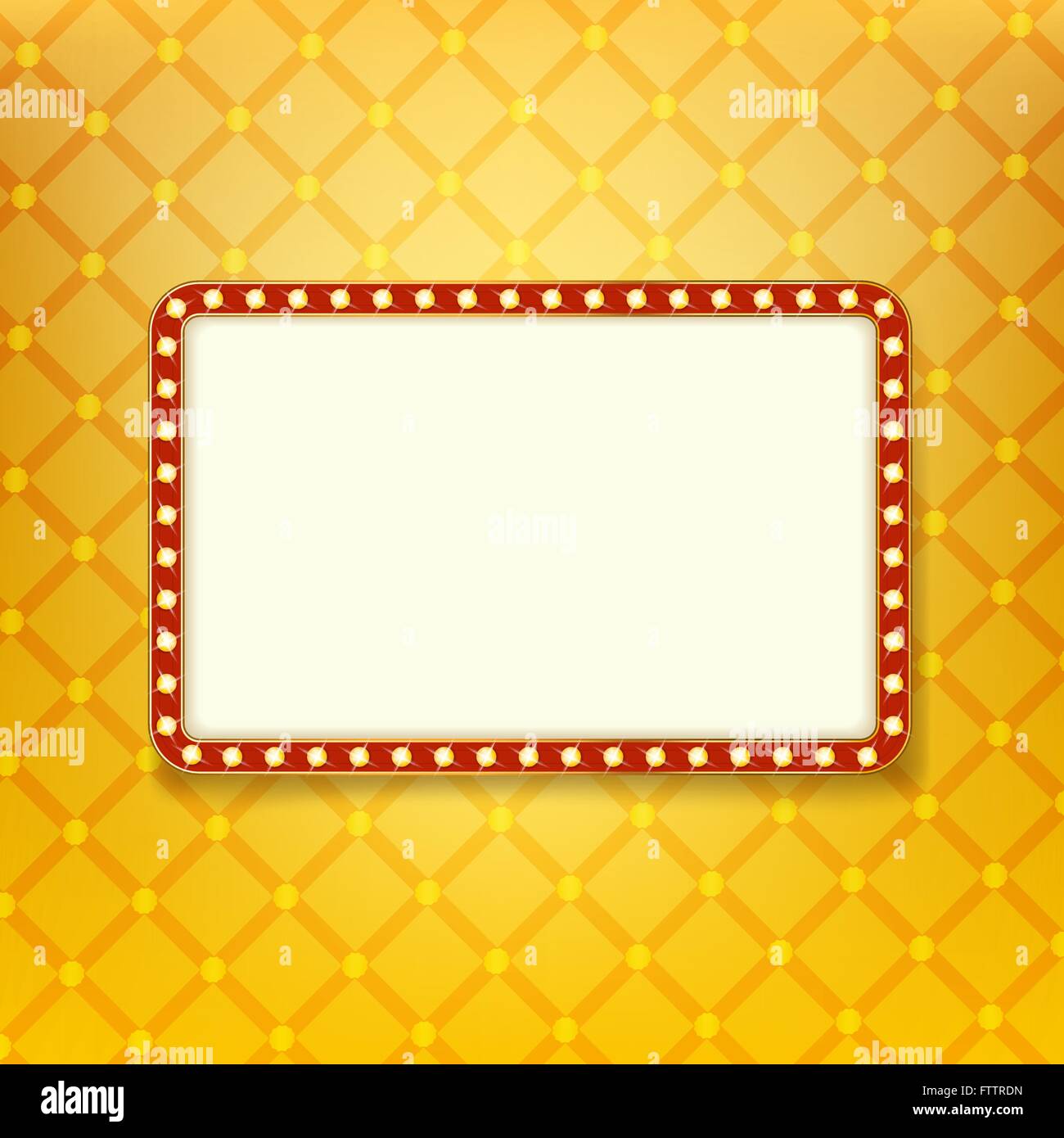 Shining light banner. Retro golden frame with neon lights. Billboard with space for text on background with royal pattern Stock Vector