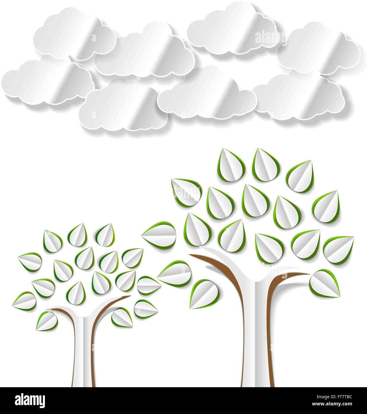 Conceptual image with abstract paper trees and clouds cut out on white background. Vector illustration with abstract paper trees Stock Vector