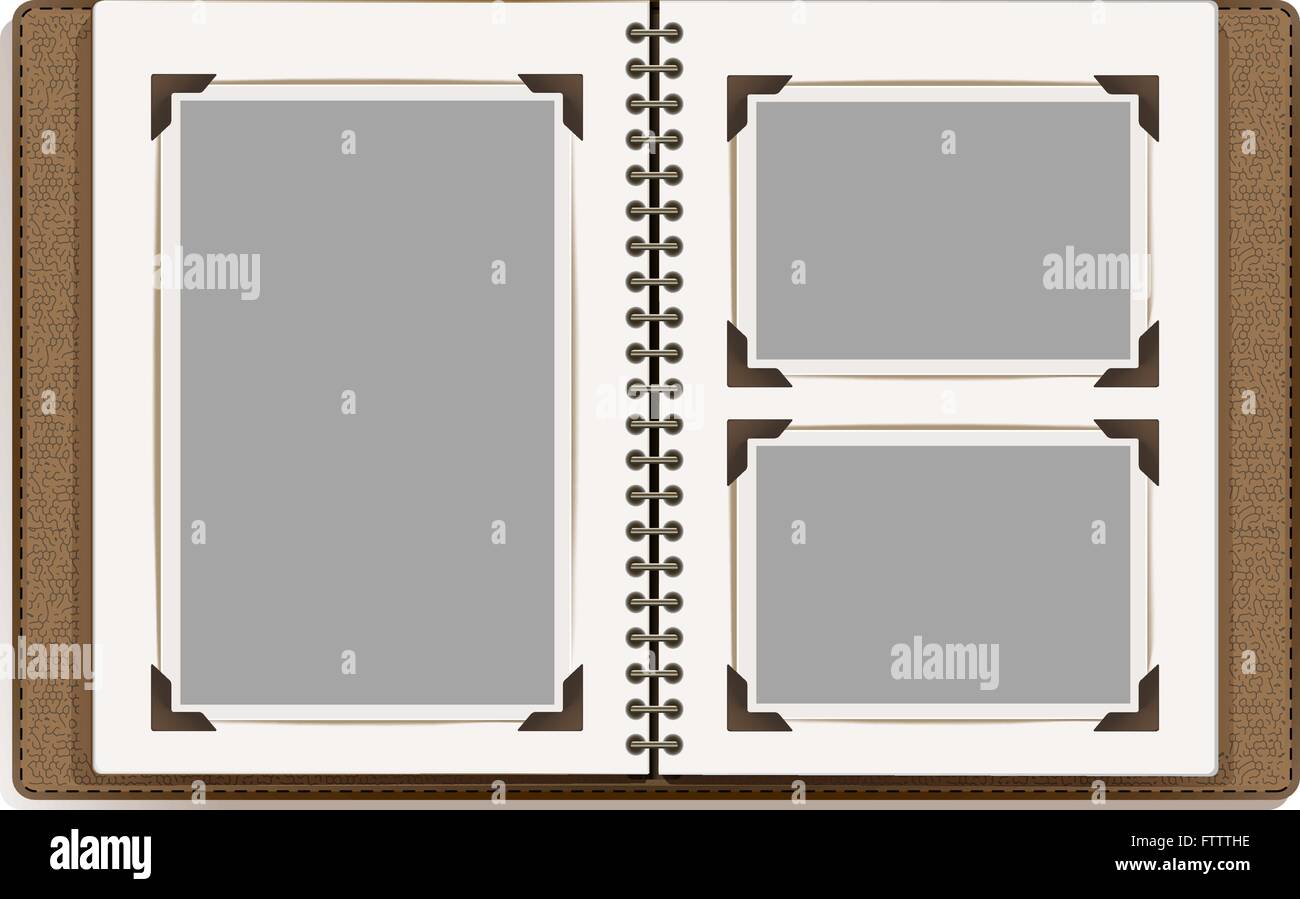 aged open photo album blank pages with retro photo frames. vector design template Stock Vector