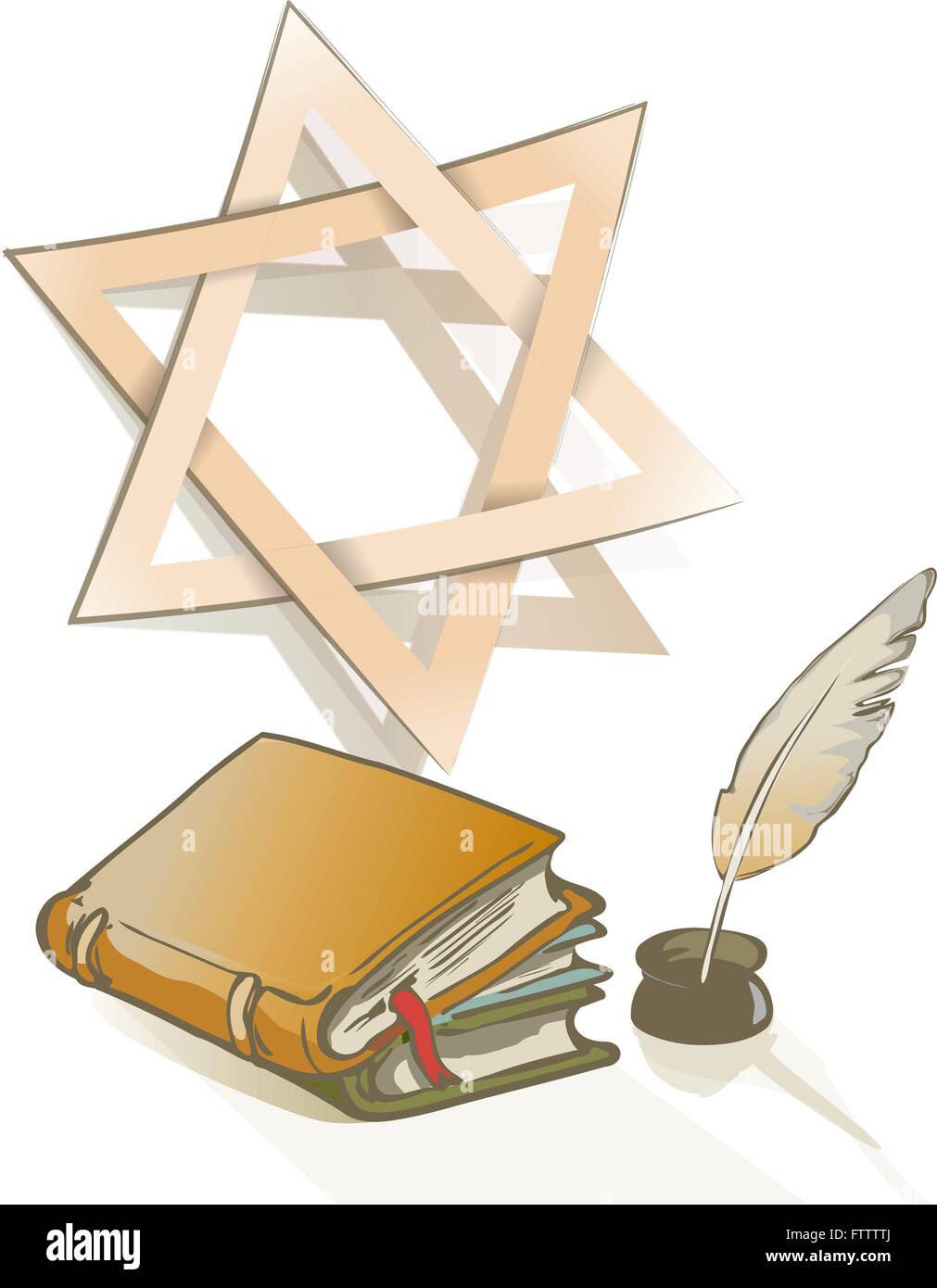 Ancient books and feather and Star of David sign as Judaic symbol on religion an knowledge theme. vector drawing illustration Stock Vector