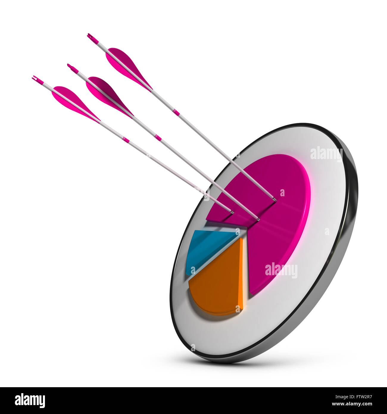 Target with pie chart and three arrows hitting the most important slice. 3D illustration over white background. Concept of marke Stock Photo
