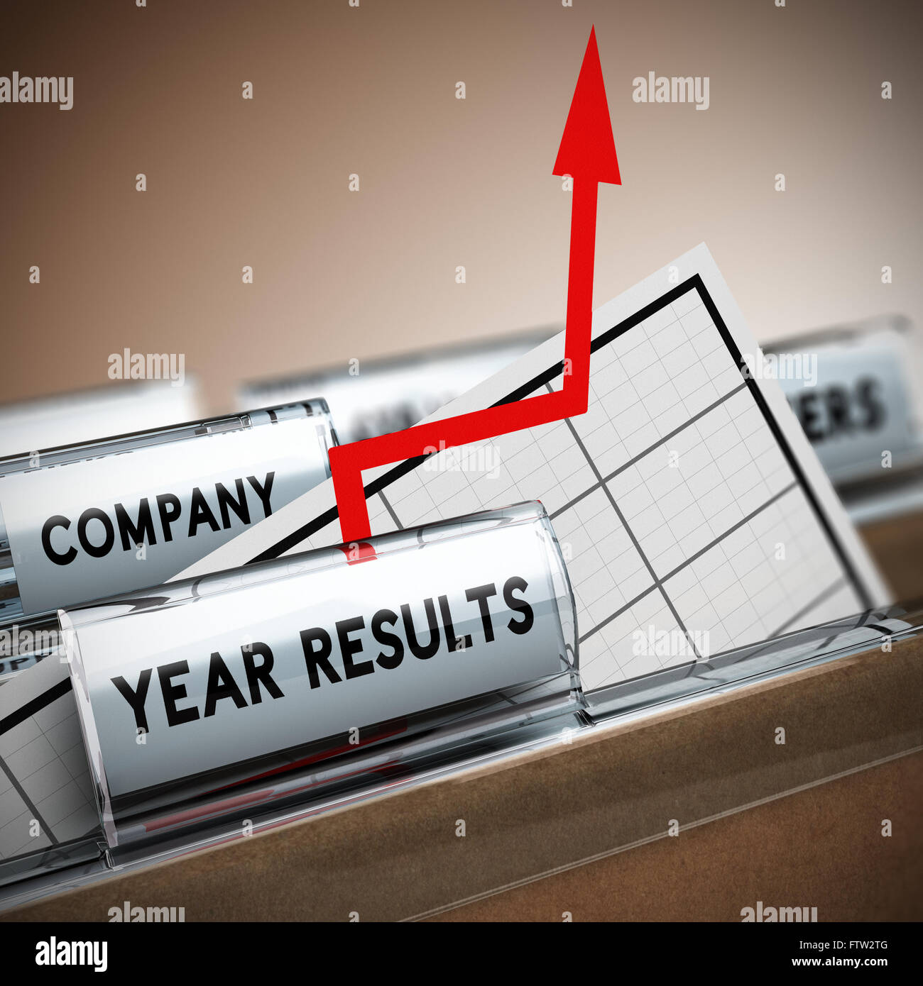 Files with focus on the tab year results with chart and arrow with an arrow coming out of the sheet. Concept image, 3D illustrat Stock Photo