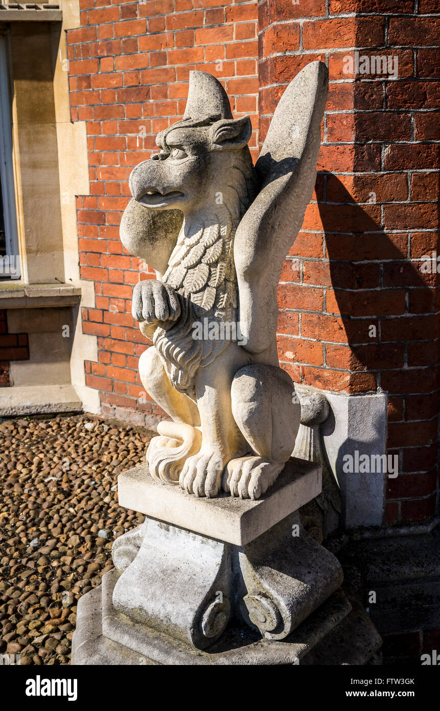 Stone griffin outside the main entrance to Bletchley Park Mansion UK