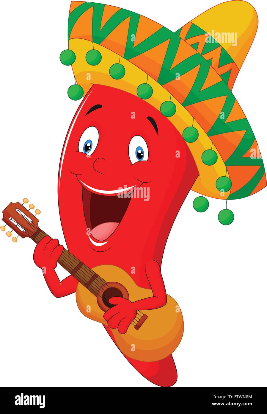 Red Chili Pepper Cartoon Character With Mexican Hat Playing A Guitar ...