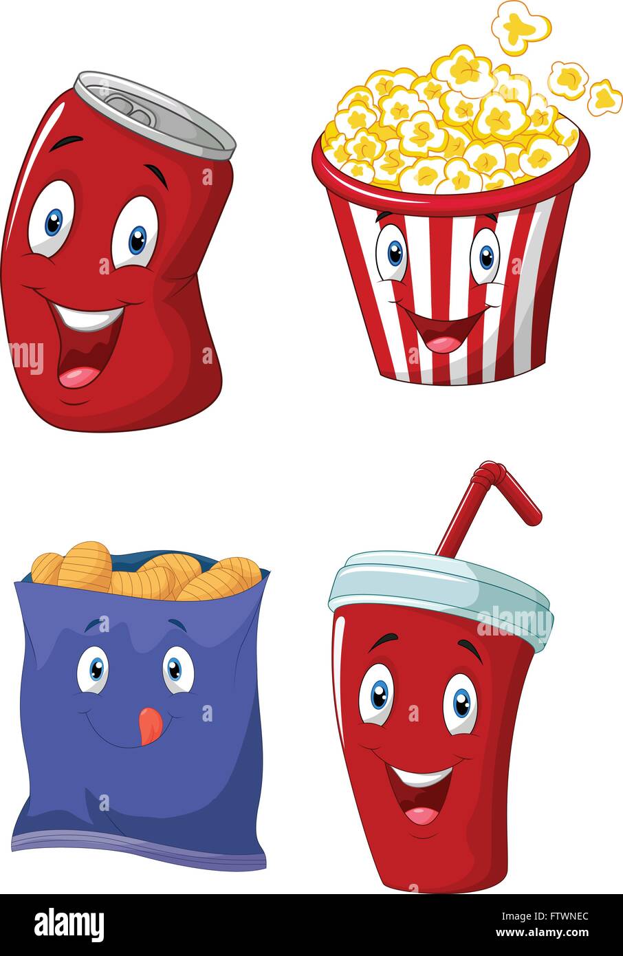 Popcorn, soft drink, french fries and potato chips Stock Vector Image