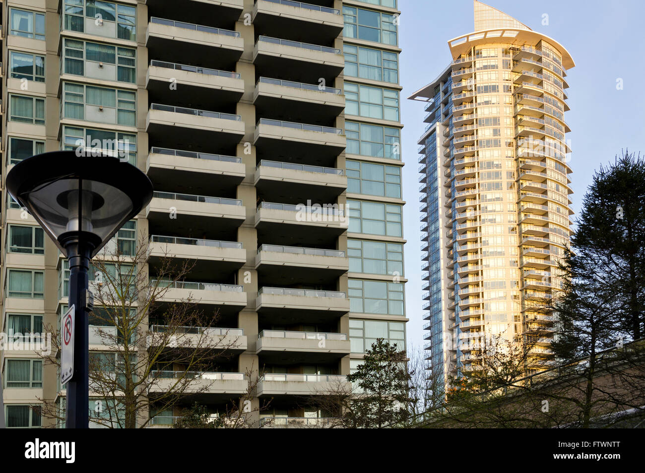 Modern apartment towers in Burnaby, British Columbia (Greater Vancouver). Condominium buildings with many stories or floors. Stock Photo