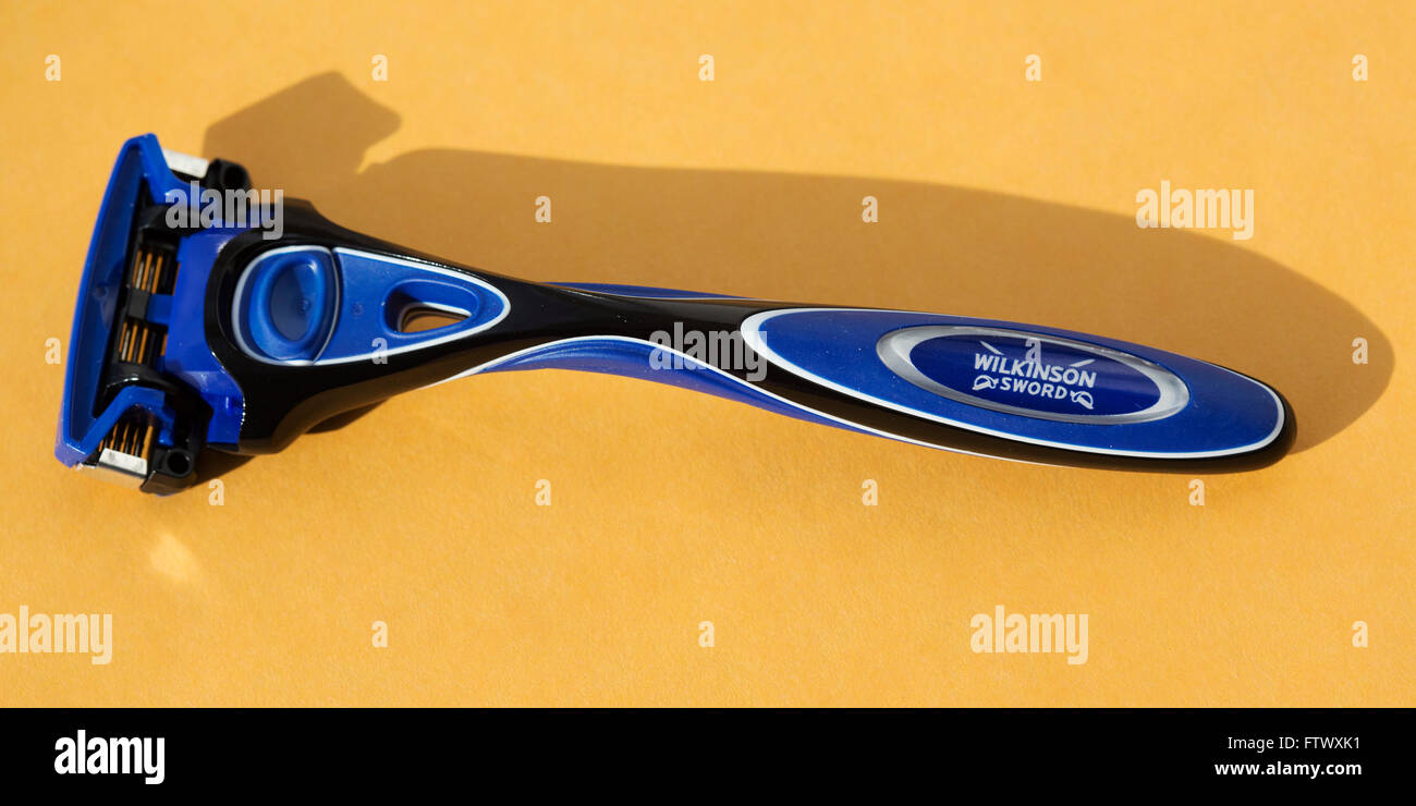 A Wilkinson Sword Hydro 5 razor blade. The blue razor has five blades Stock  Photo - Alamy