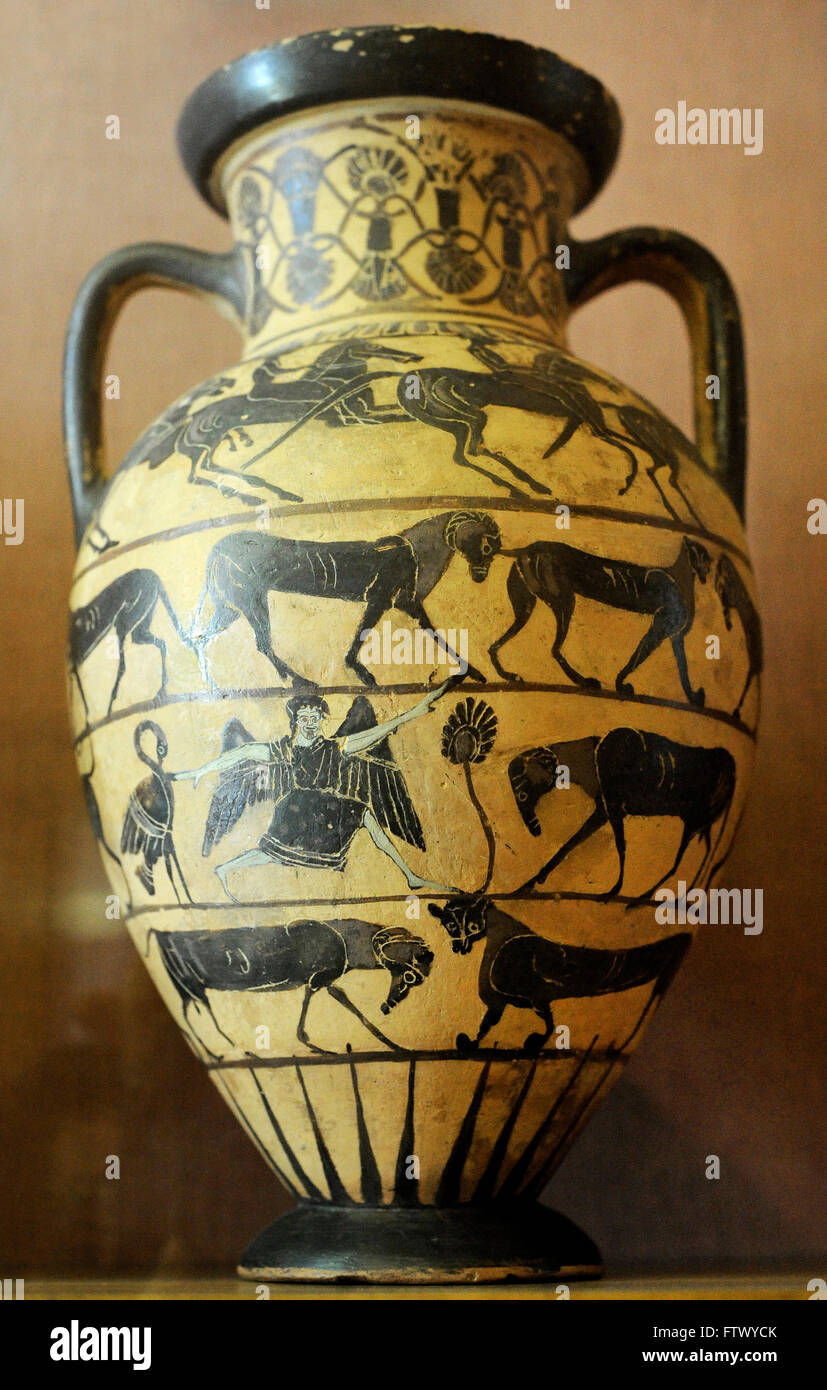 Greek art. Tyrrenian neck-amphora: riders, animals and monsters. 570-560 BC. Clay. The State Hermitage Museum. Saint Petersburg. Russia. Stock Photo