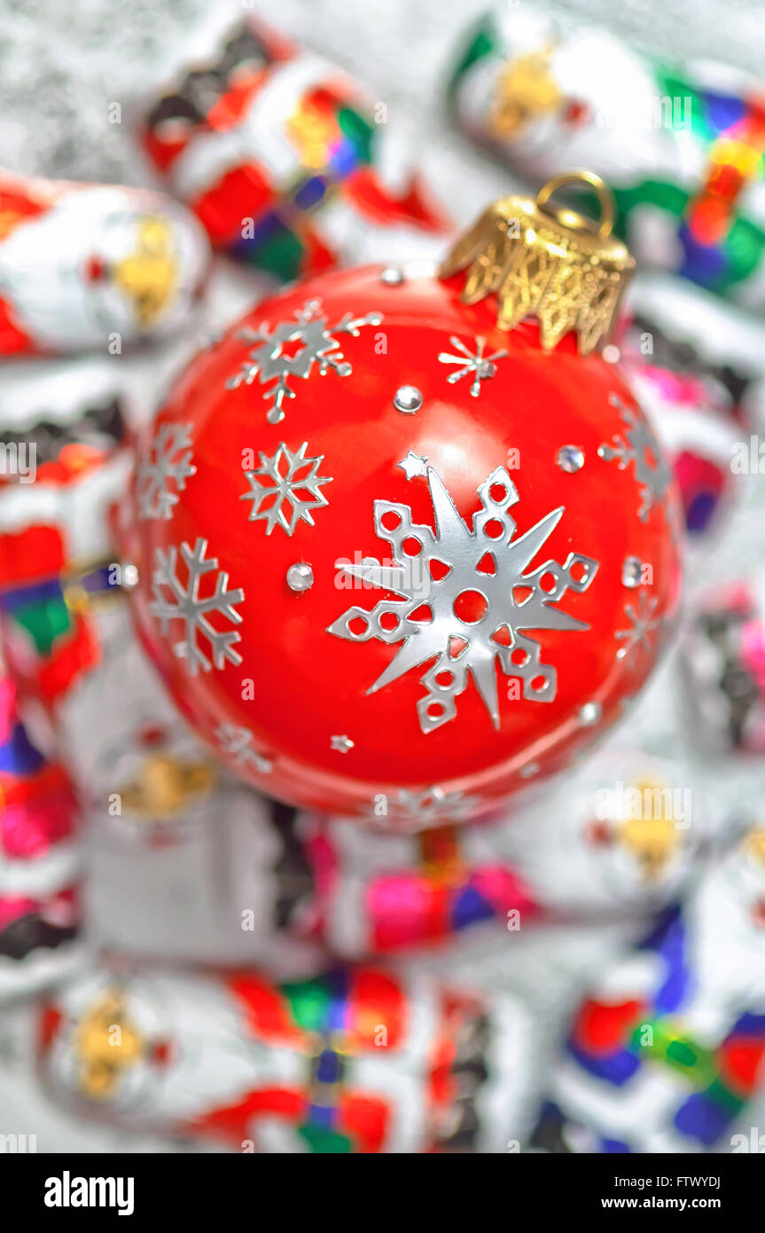Christmas still life with red ball closeup Stock Photo