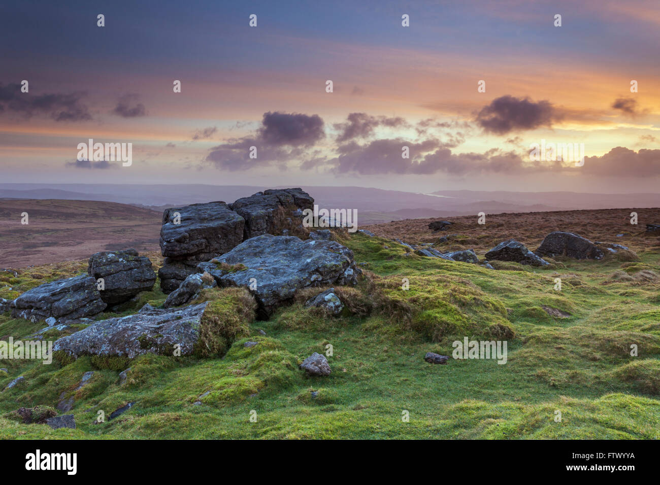 Sunrise in Dartmoor, Devon, UK. Rippon Tor. Stock Photo