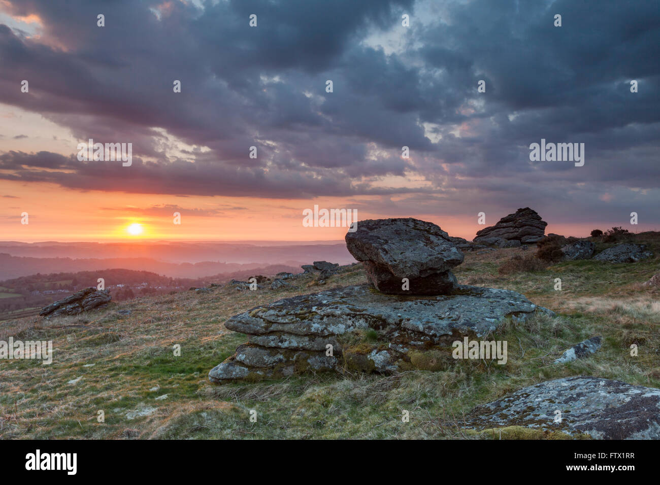 Spring sunrise on Hayne Down, Dartmoor National Park, Devon, England. Stock Photo