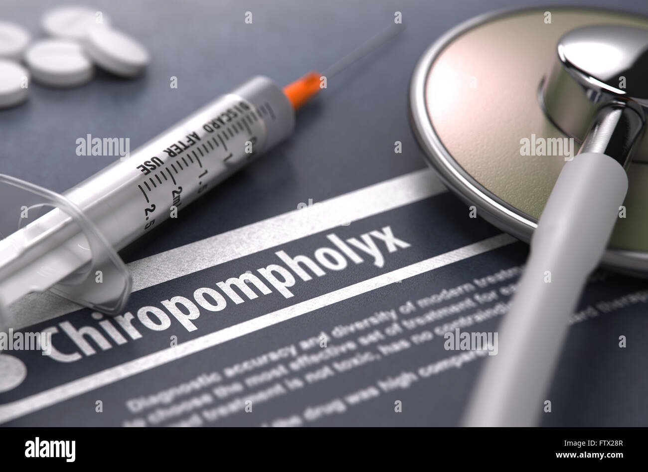 Chiropompholyx - Printed Diagnosis on Grey Background. Stock Photo