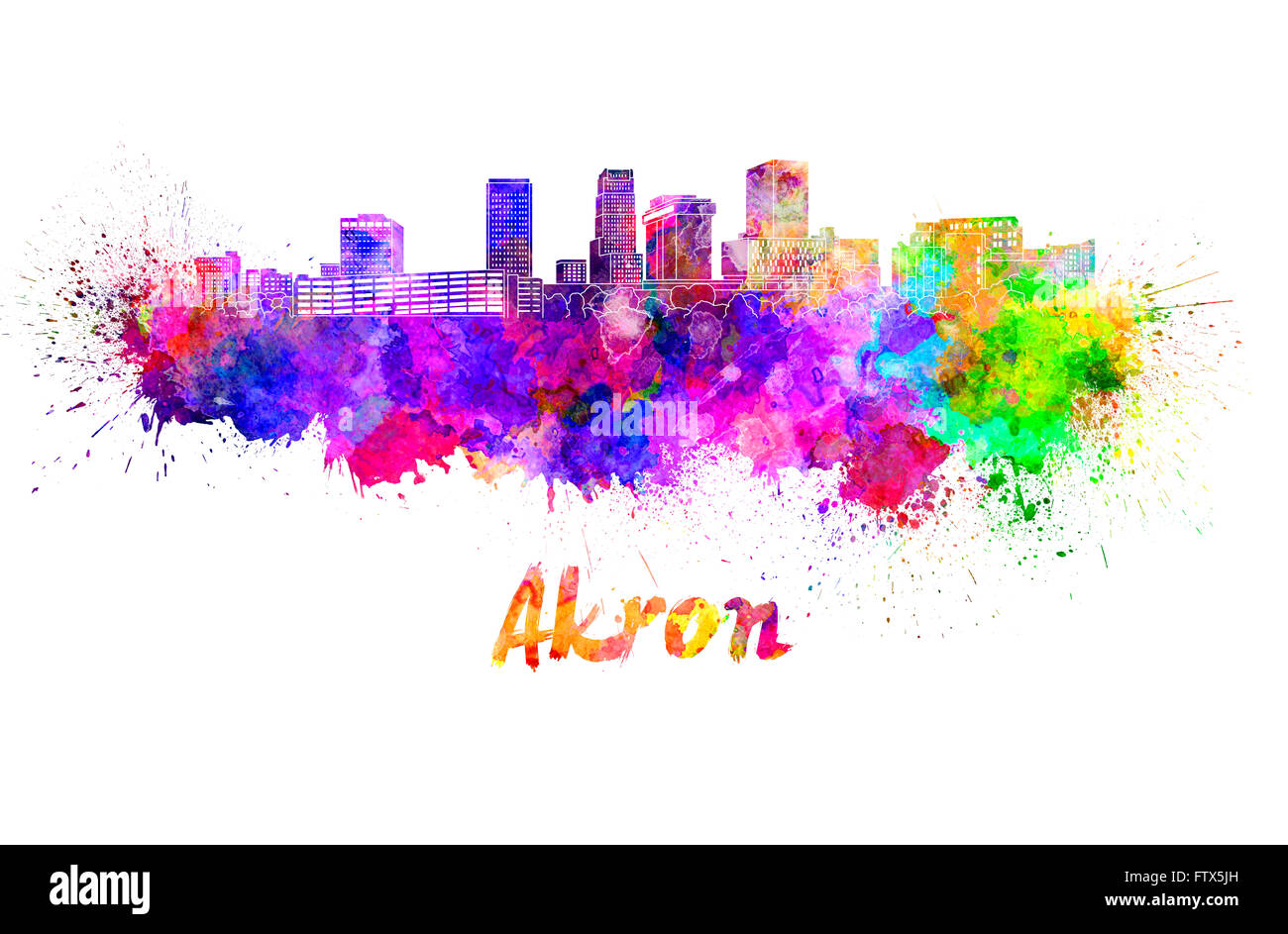Akron OH skyline in watercolor splatters with clipping path Stock Photo