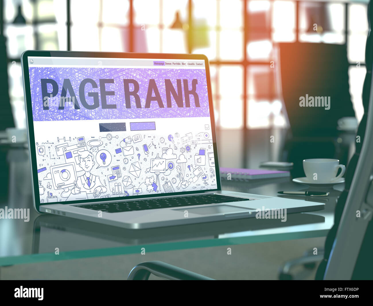 Page Rank on Laptop in Modern Workplace Background. Stock Photo