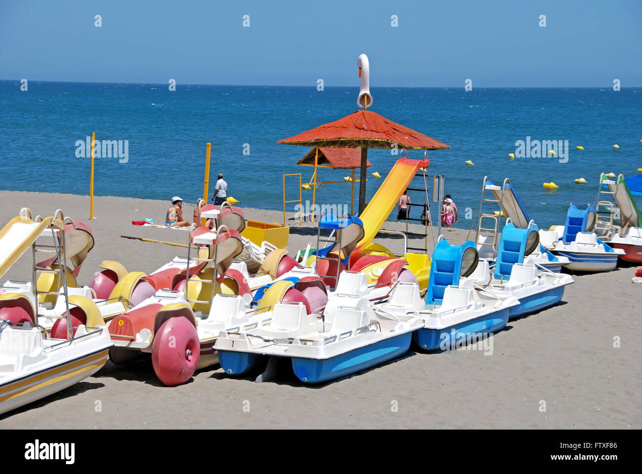 Pedalos on the beach, Benalmadena, Costa del Sol, Malaga Province,  Andalusia, Spain, Western Europe Stock Photo - Alamy