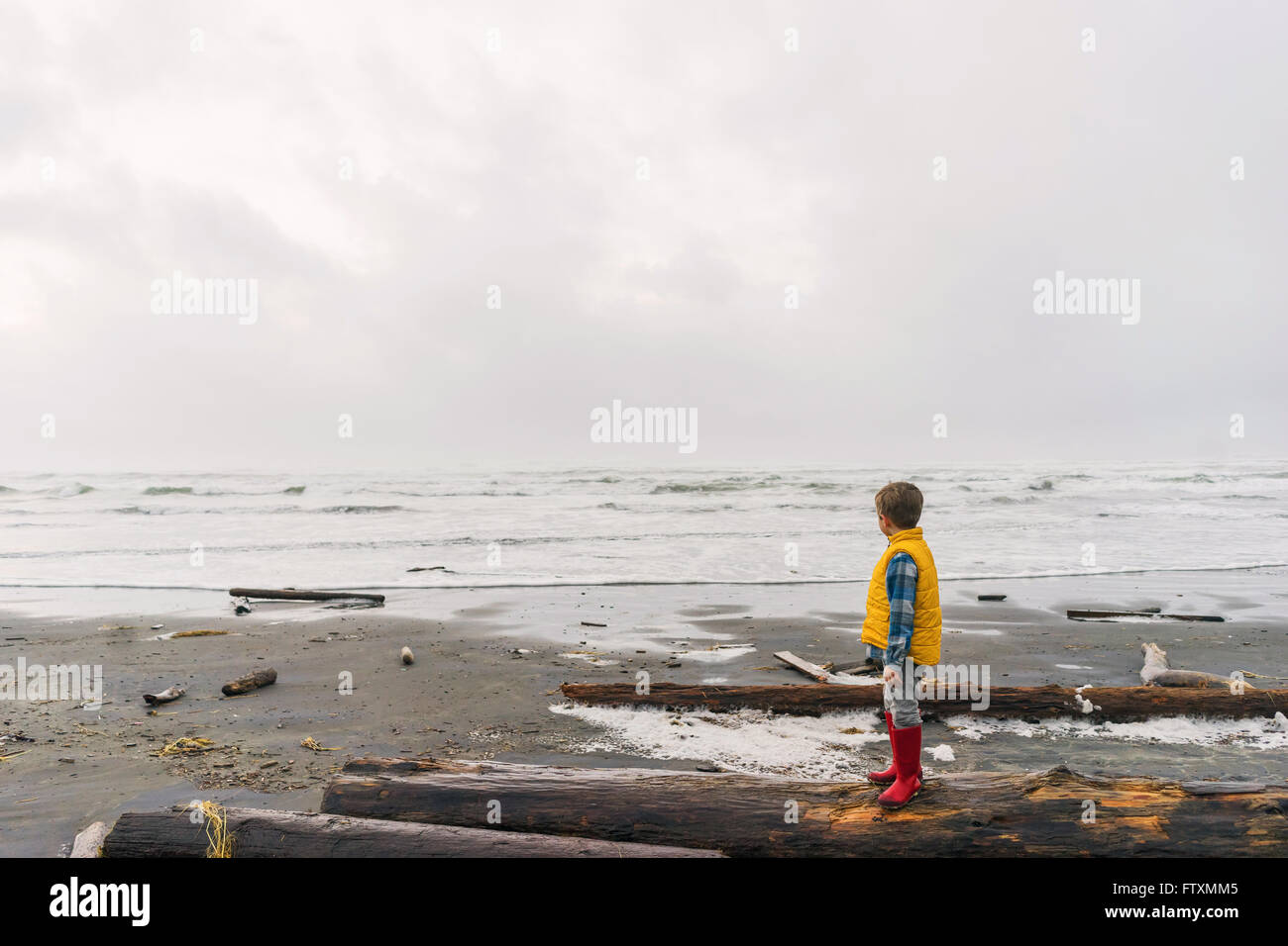 Boy standing on logs looking out to sea Stock Photo