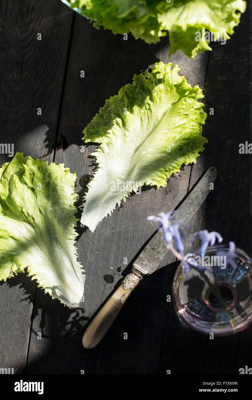 Lettuce leaves on wooden table Stock Photo