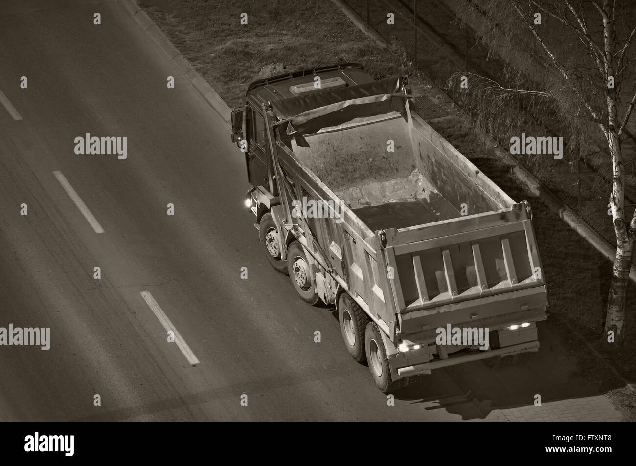 Empty dump-truck in the night viewed  from above Stock Photo