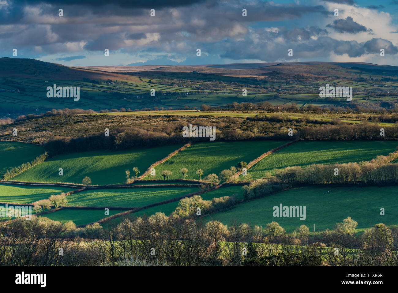 Panoramic landscape, rolling hills and cloudy sky. View from hill top,long shadows at sunset. Stock Photo