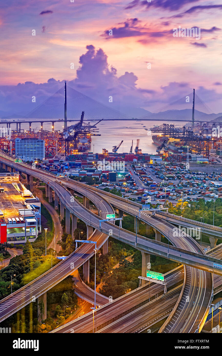Hong Kong Stonecutters' Bridge at sunset Stock Photo - Alamy