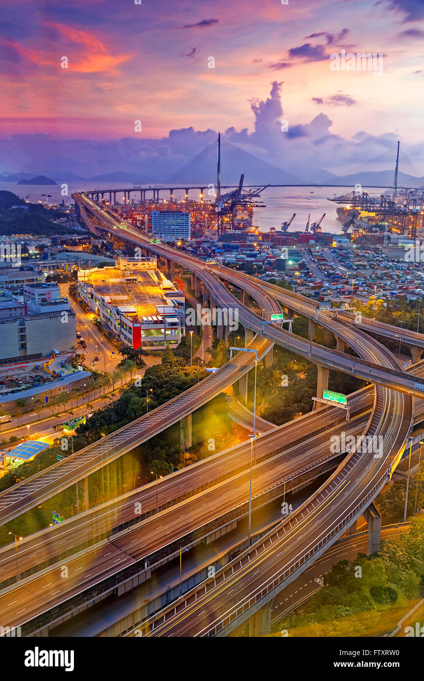 Hong Kong Stonecutters' Bridge at sunset Stock Photo - Alamy