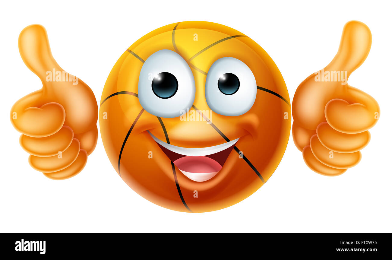 A happy cartoon basketball ball man mascot character doing a double thumbs up Stock Photo