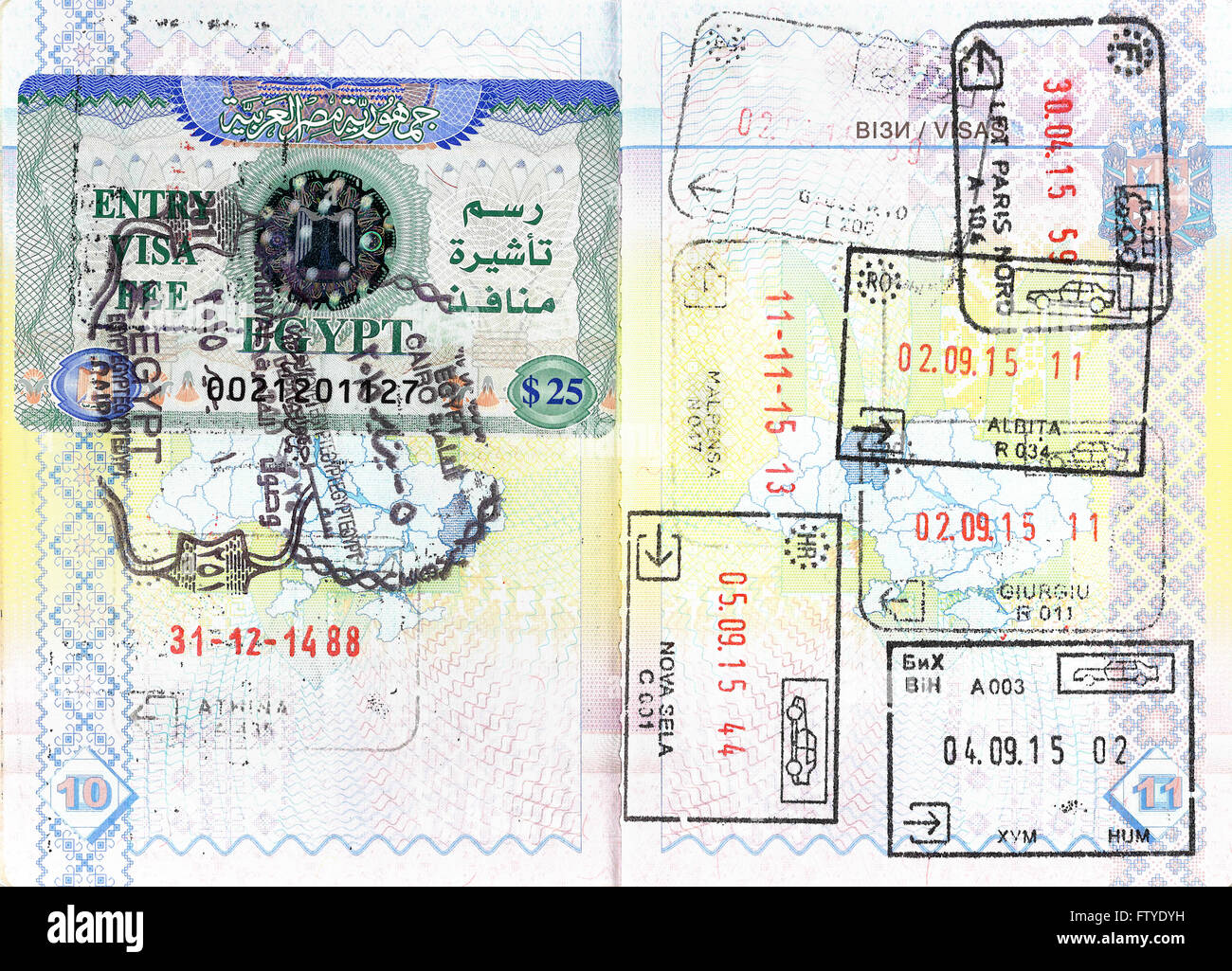 Passport stamps of Egypt, Greece, Bulgaria, France, Italy, Romania, Croatia, Bosnia and Herzegovina Stock Photo