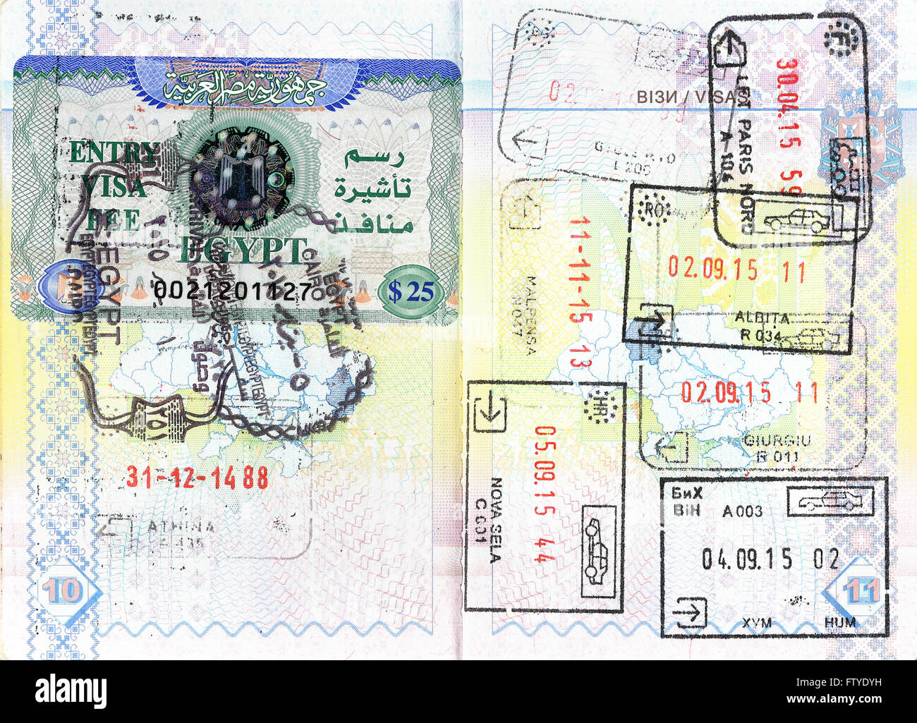 Passport stamps of Egypt, Greece, Bulgaria, France, Italy, Romania