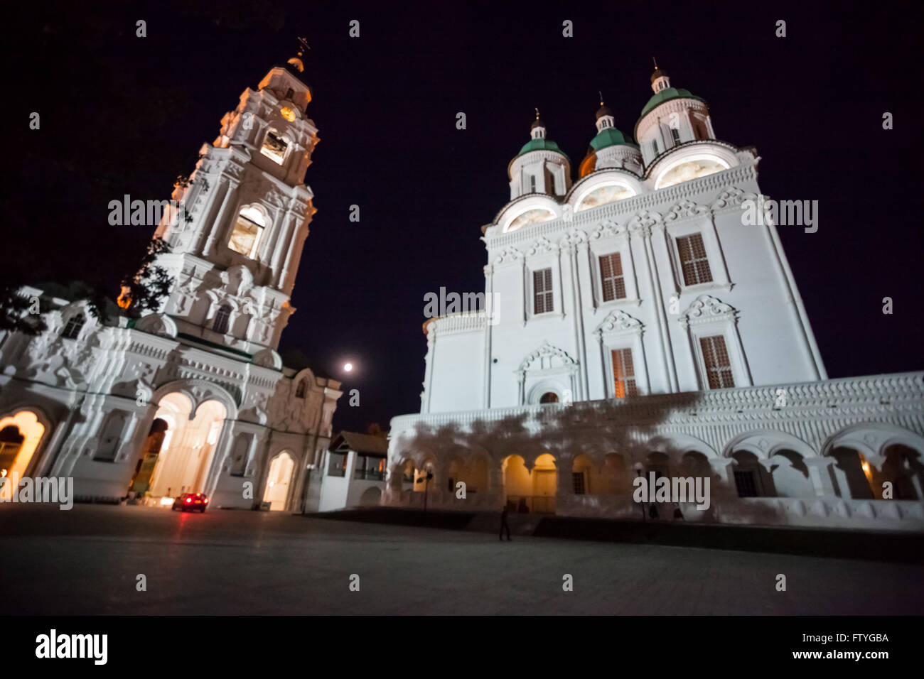 Kazakhstan, Kazakistan, Asia, white orthodox church in night time. Stock Photo