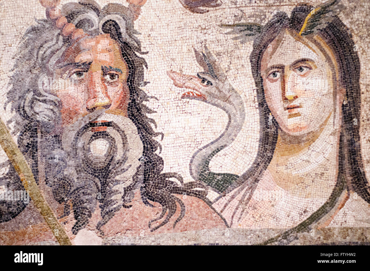 Portraits of the sea-gods Okeanos and Tethys mosaic, Zeugma Mosaic Museum, Gaziantep, Turkey Stock Photo